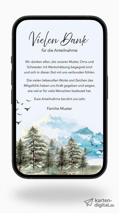 Digitale Danksagungskarte – Wald & Aquarell