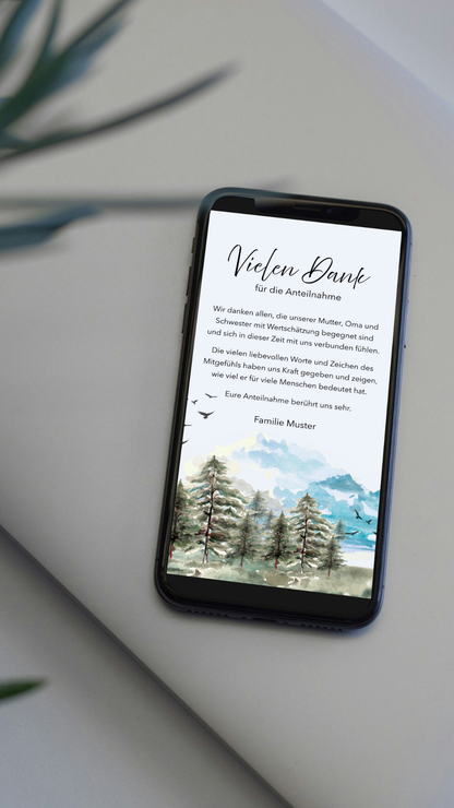 Digitale Danksagungskarte – Wald & Aquarell