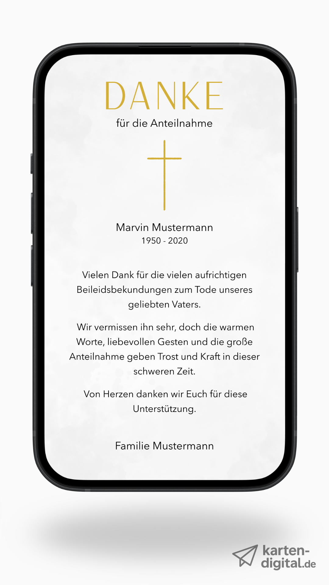 Digitale Danksagungskarte – Weiß & goldenes Kreuz
