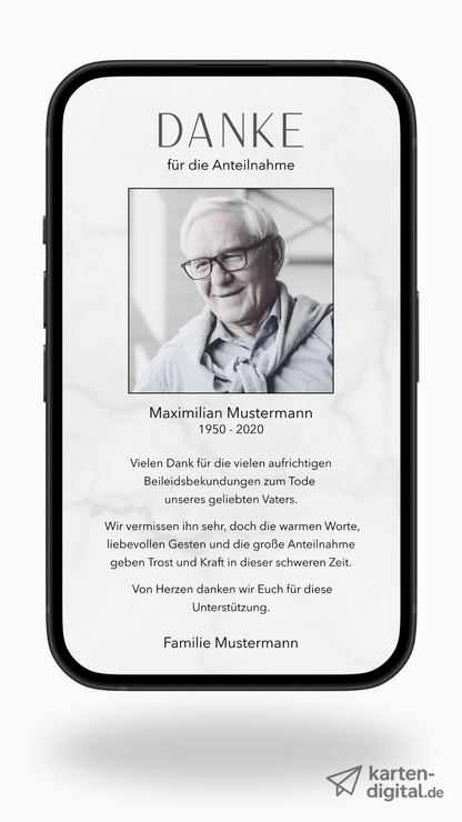 Digitale Danksagungskarte – Marmor & Fotorahmen