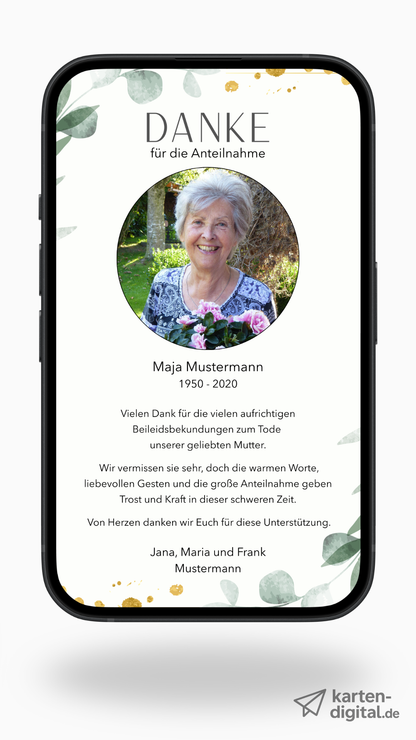 Digitale Danksagungskarte – Aquarellblätter & Fotorahmen