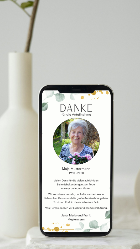 Digitale Danksagungskarte – Aquarellblätter & Fotorahmen