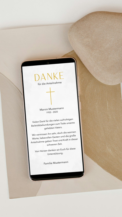 Digitale Danksagungskarte – Weiß & goldenes Kreuz