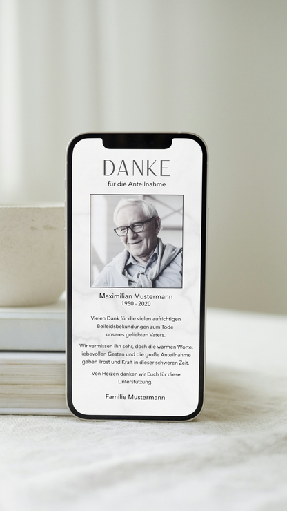 Digitale Danksagungskarte – Marmor & Fotorahmen