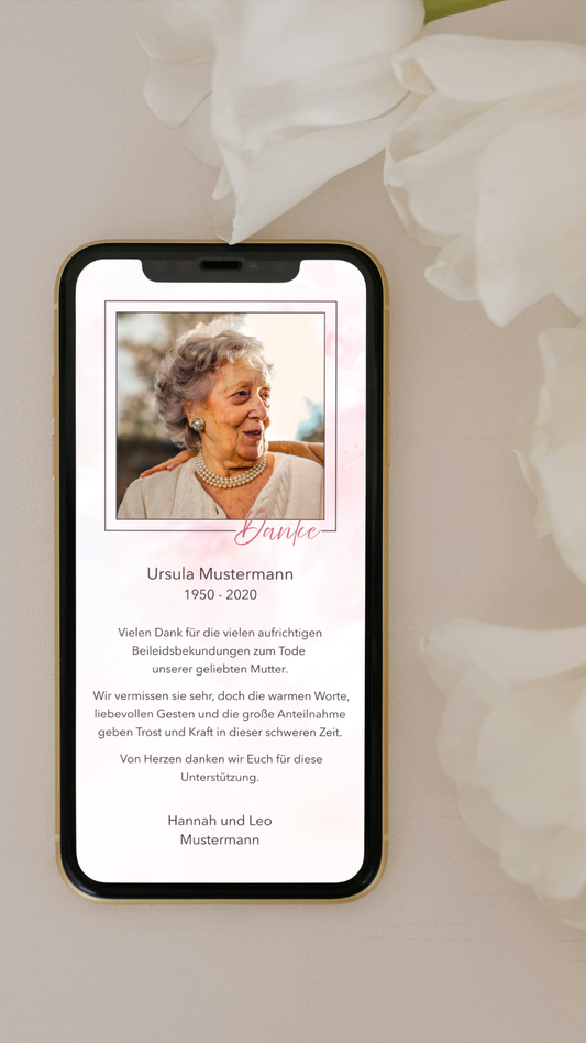 Digitale Danksagungskarte – Rosé & Fotorahmen