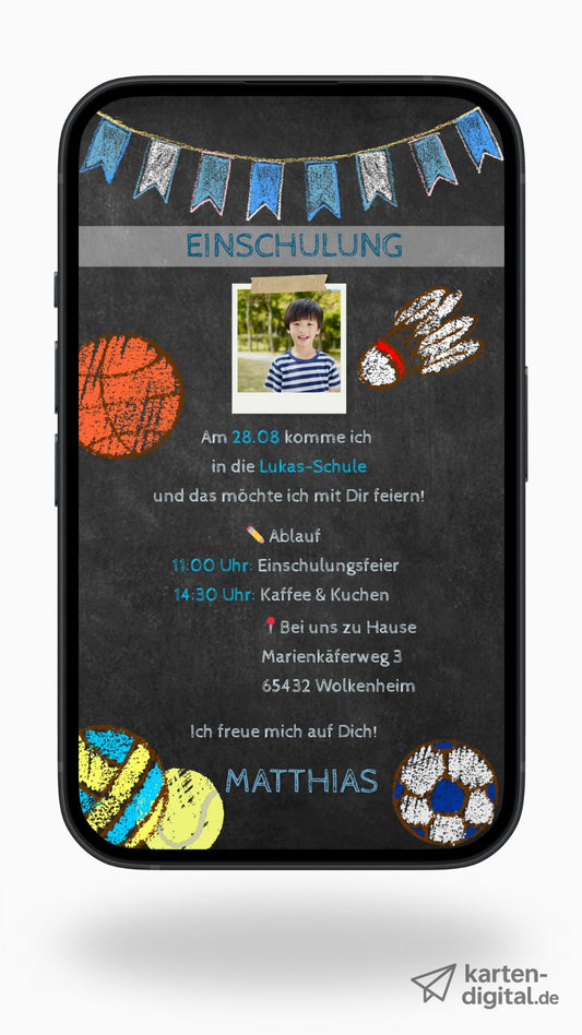Einladung zur Einschulung – sportlich & digital im Kreide-Look mit Foto