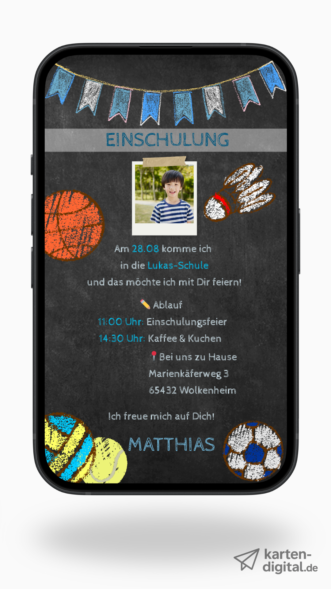 Digitale Einladung zur Einschulung – Tafel-Stil mit Kreidezeichnungen & Auswahl aus 6 Designs