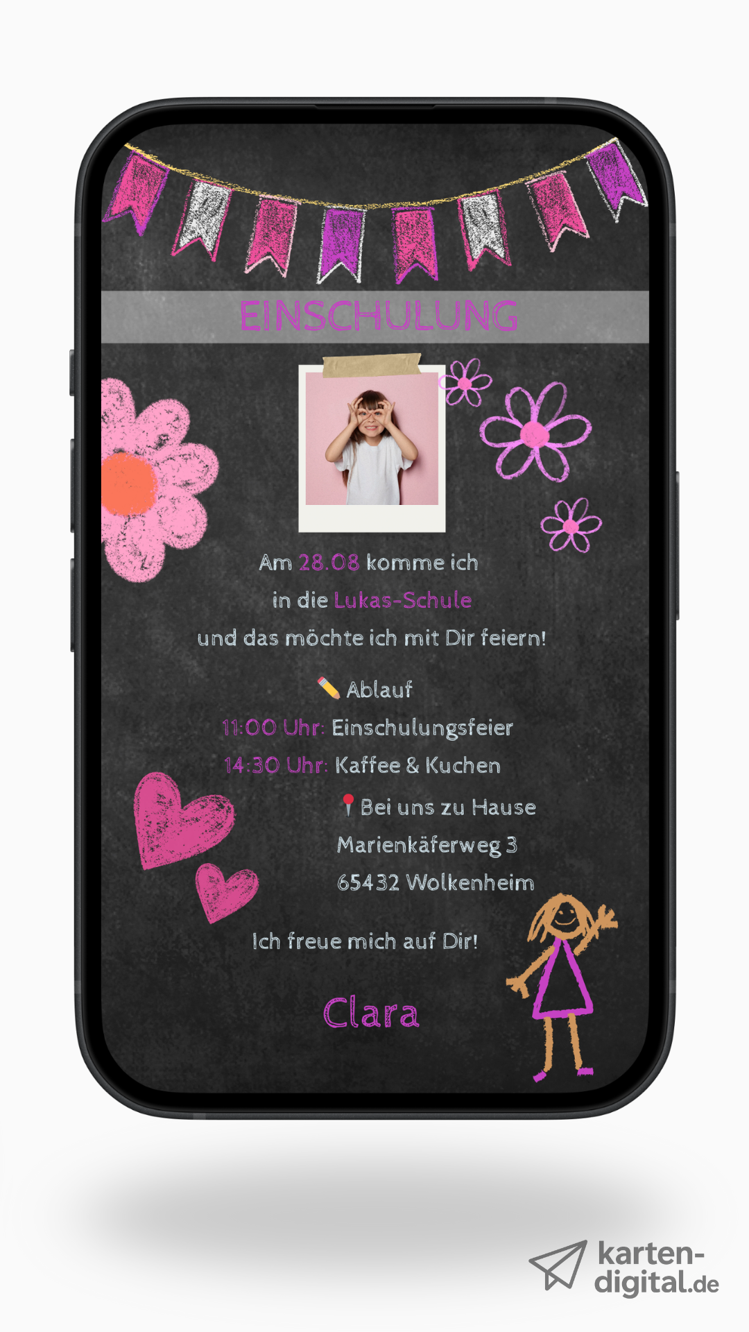 Digitale Einladung zur Einschulung – Tafel-Stil mit Kreidezeichnungen & Auswahl aus 6 Designs