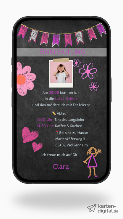 Digitale Einladung zur Einschulung – Tafel-Stil mit Kreidezeichnungen & Auswahl aus 6 Designs