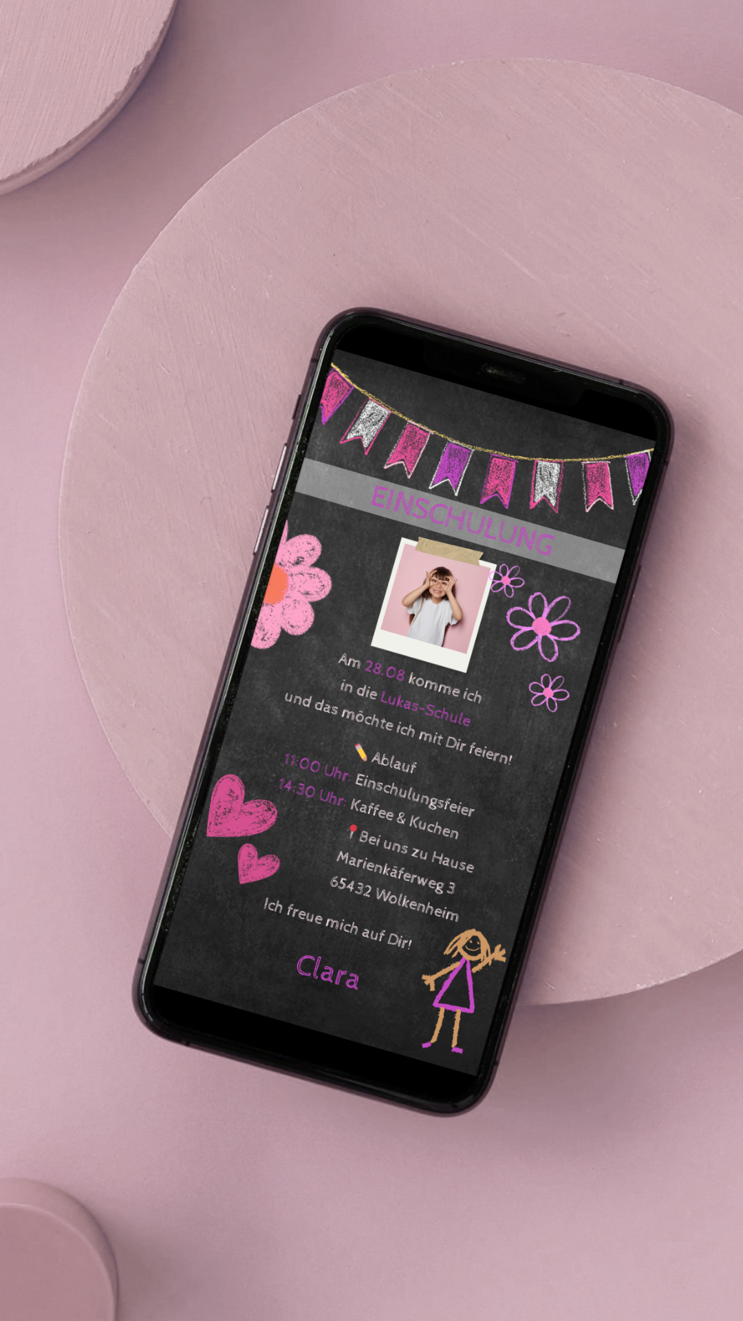 Digitale Einladung zur Einschulung – Tafel-Stil mit Kreidezeichnungen & Auswahl aus 6 Designs