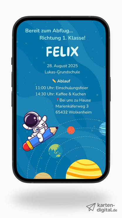 Digitale Einladung zur Einschulung – mit Astronaut & Weltraum für kleine Schulstarter:innen