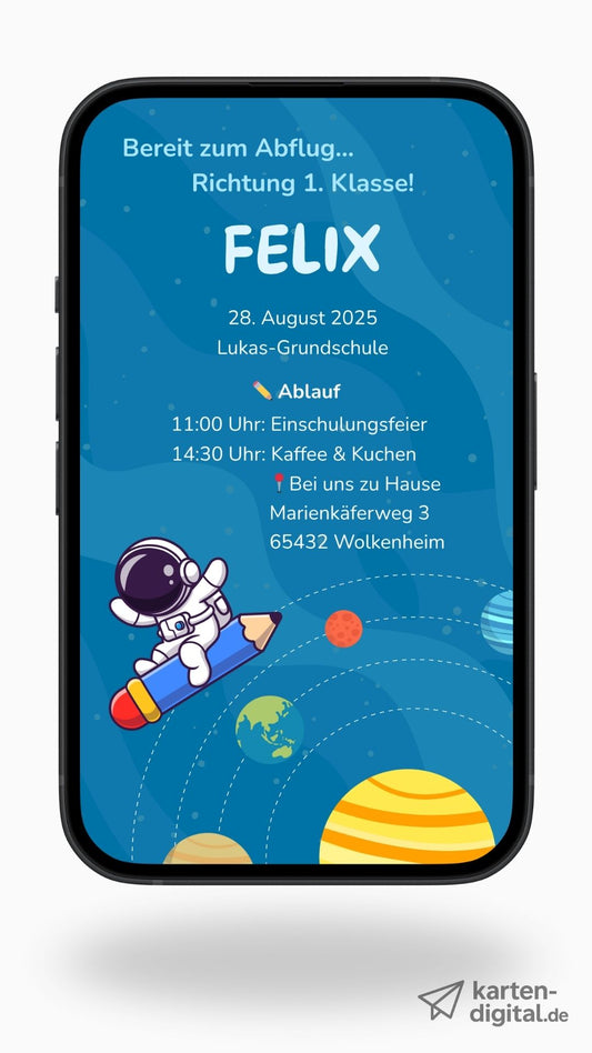 Digitale Einladung zur Einschulung – mit Astronaut & Weltraum für kleine Schulstarter:innen