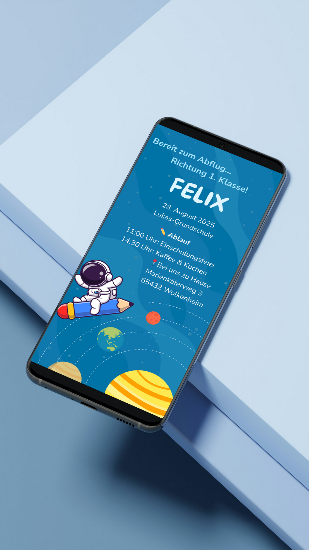 Digitale Einladung zur Einschulung – mit Astronaut & Weltraum für kleine Schulstarter:innen
