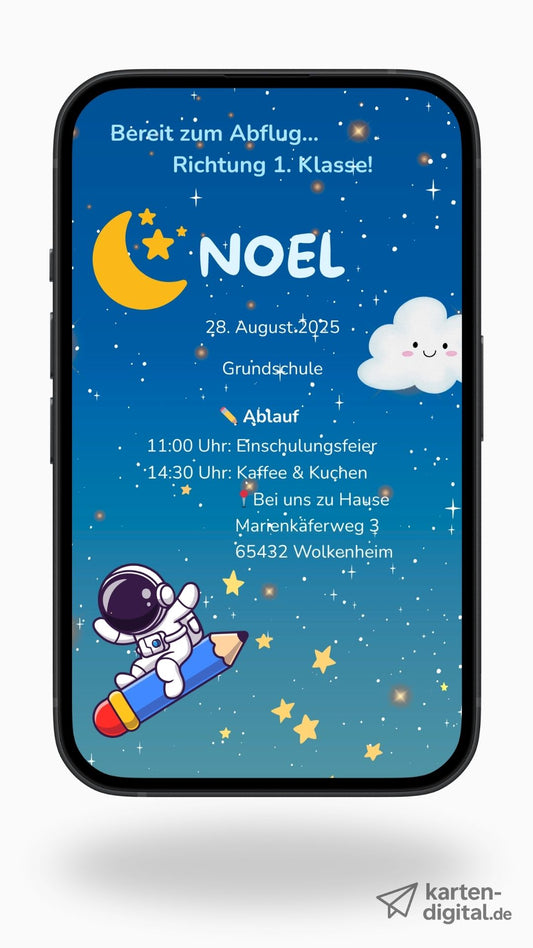 Digitale Einladung zur Einschulung – mit Astronaut & Sternenhimmel für kleine Träumer:innen