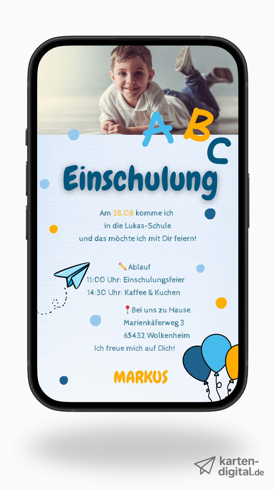 Digitale Einladung zur Einschulung – fröhlich & modern mit persönlichem Foto