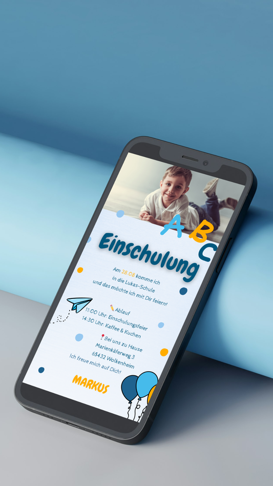 Digitale Einladung zur Einschulung – fröhlich & modern mit persönlichem Foto