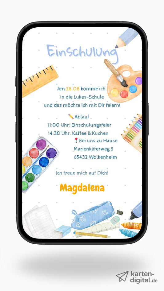 Digitale Einschulungseinladung ohne Foto – personalisierbar & versandbereit per WhatsApp