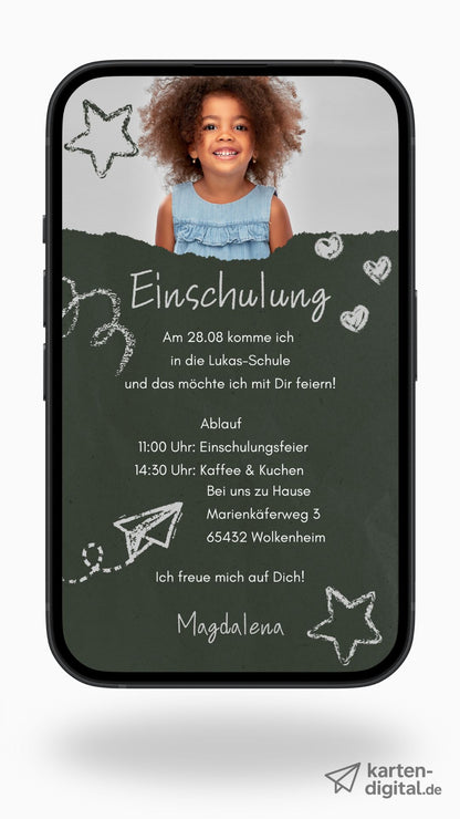 Digitale Einschulungseinladung mit Foto – im modernen Tafel-Design