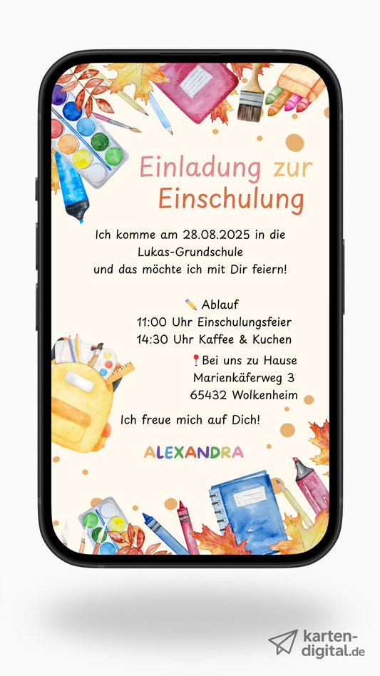Digitale Einladung zur Einschulung mit Schulranzen – warmes Aquarell-Design für den großen Tag