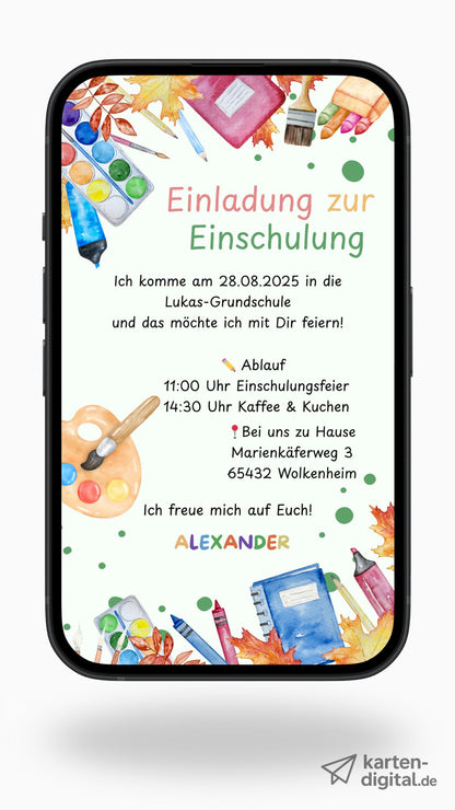 Digitale Einladung zur Einschulung im Aquarell-Stil – mit Farbpalette & Schulmotiven