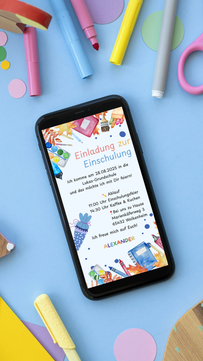 Digitale Einladung zur Einschulung im Aquarell-Stil – mit Farbpalette & Schulmotiven