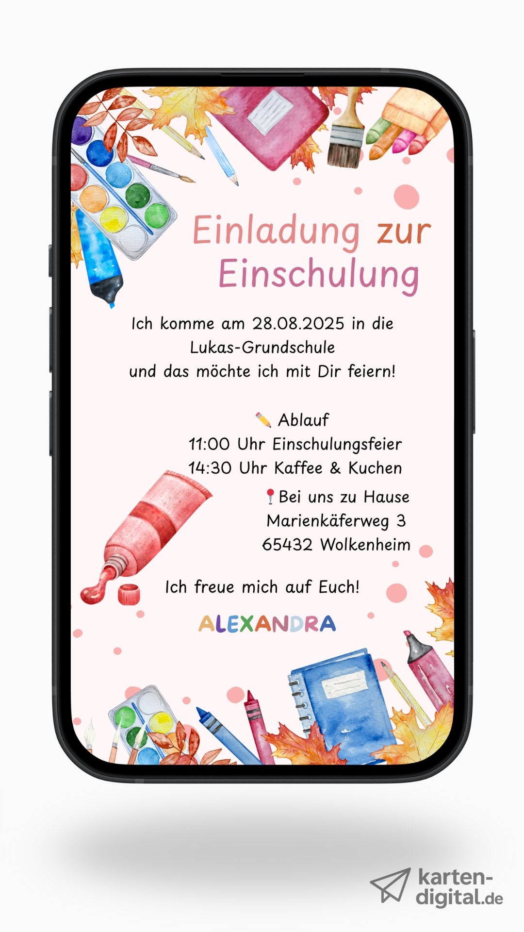 Digitale Einschulungseinladung mit Schulmaterial – Aquarell-Design für kleine Künstler:innen