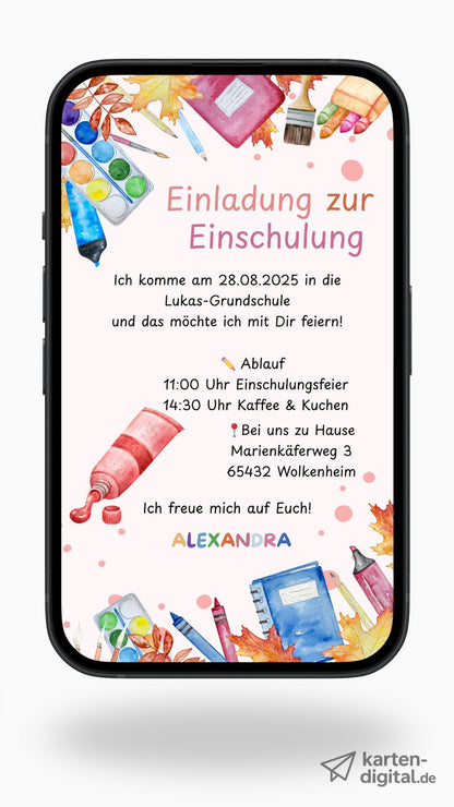 Digitale Einladung zur Einschulung im Aquarell-Stil – mit Farbpalette & Schulmotiven