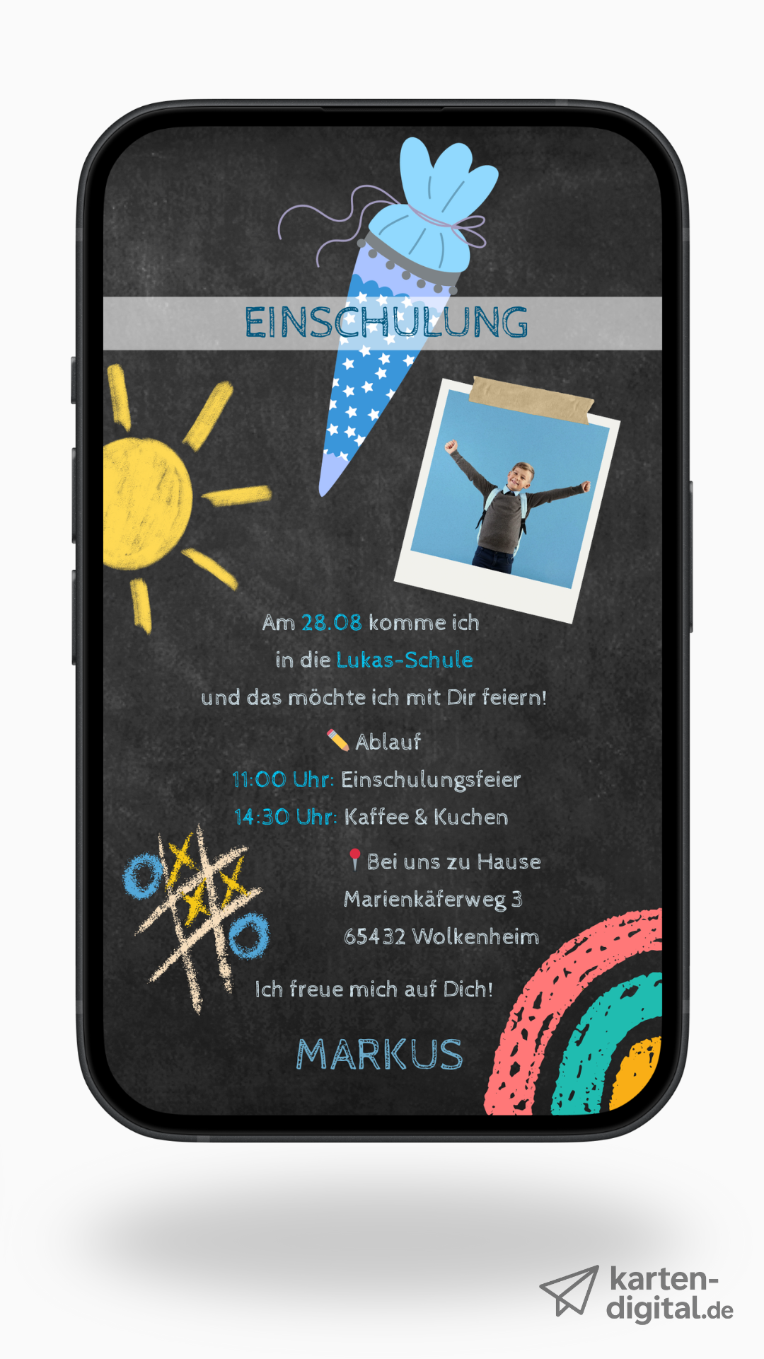 Digitale Einladung zur Einschulung – Tafel-Stil mit Kreidezeichnungen & Auswahl aus 6 Designs