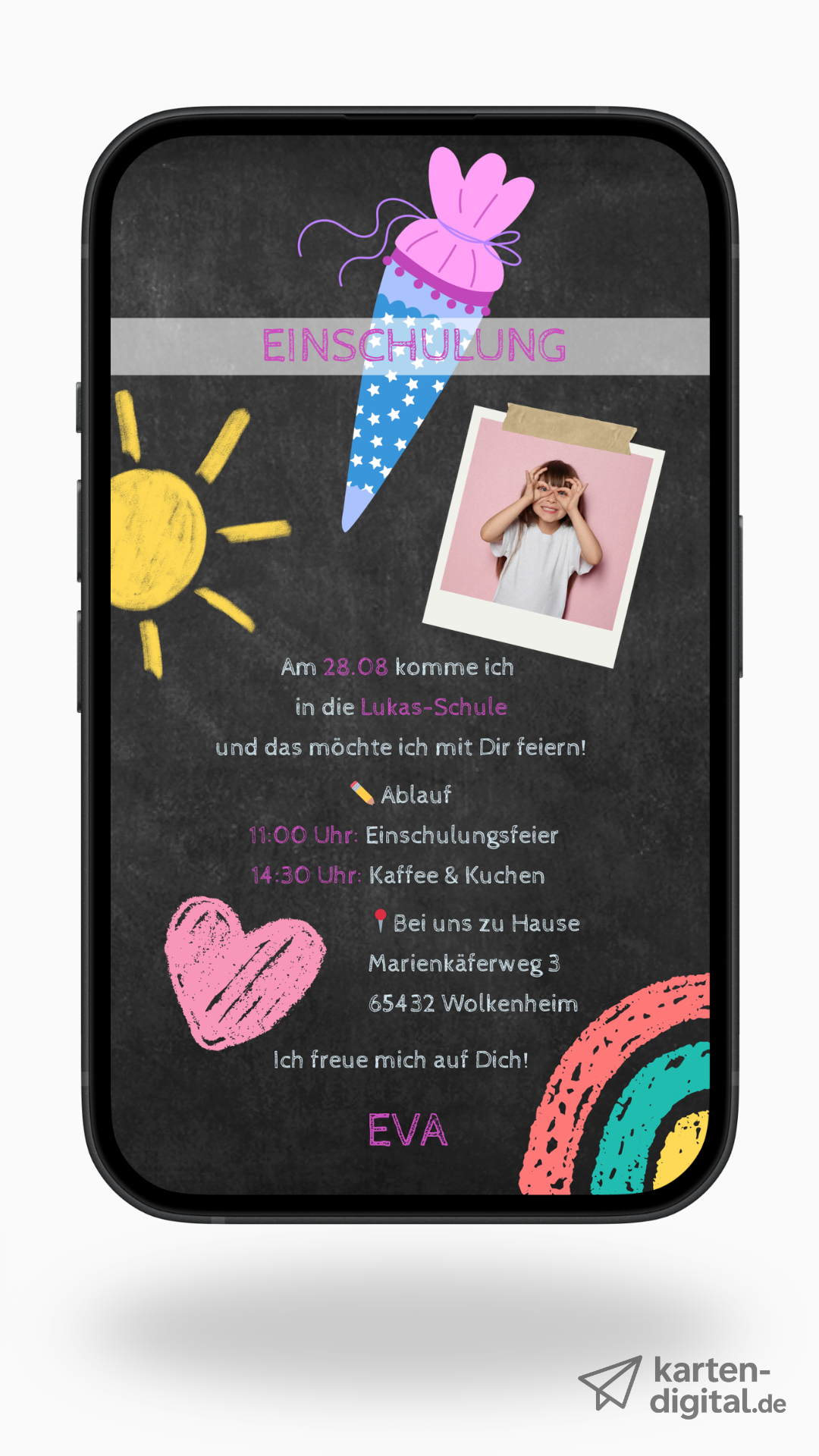 Digitale Einladung zur Einschulung – Tafel-Stil mit Kreidezeichnungen & Auswahl aus 6 Designs