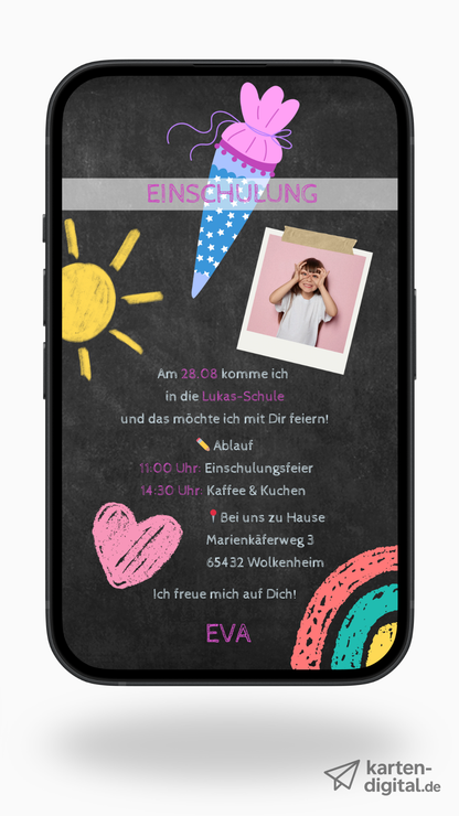 Digitale Einladung zur Einschulung – Tafel-Stil mit Kreidezeichnungen & Auswahl aus 6 Designs