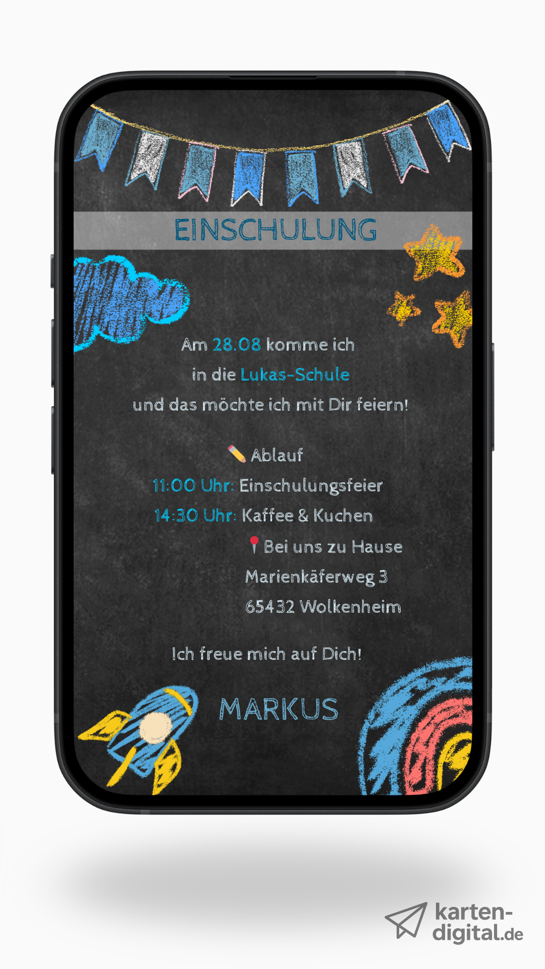 Digitale Einladung zur Einschulung – Tafel-Stil mit Kreidezeichnungen & Auswahl aus 6 Designs
