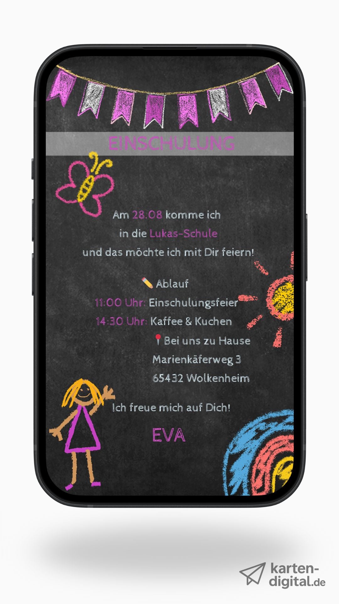 Bunte Einladung zur Einschulung mit Kreidedesign – perfekt für den ersten Schultag