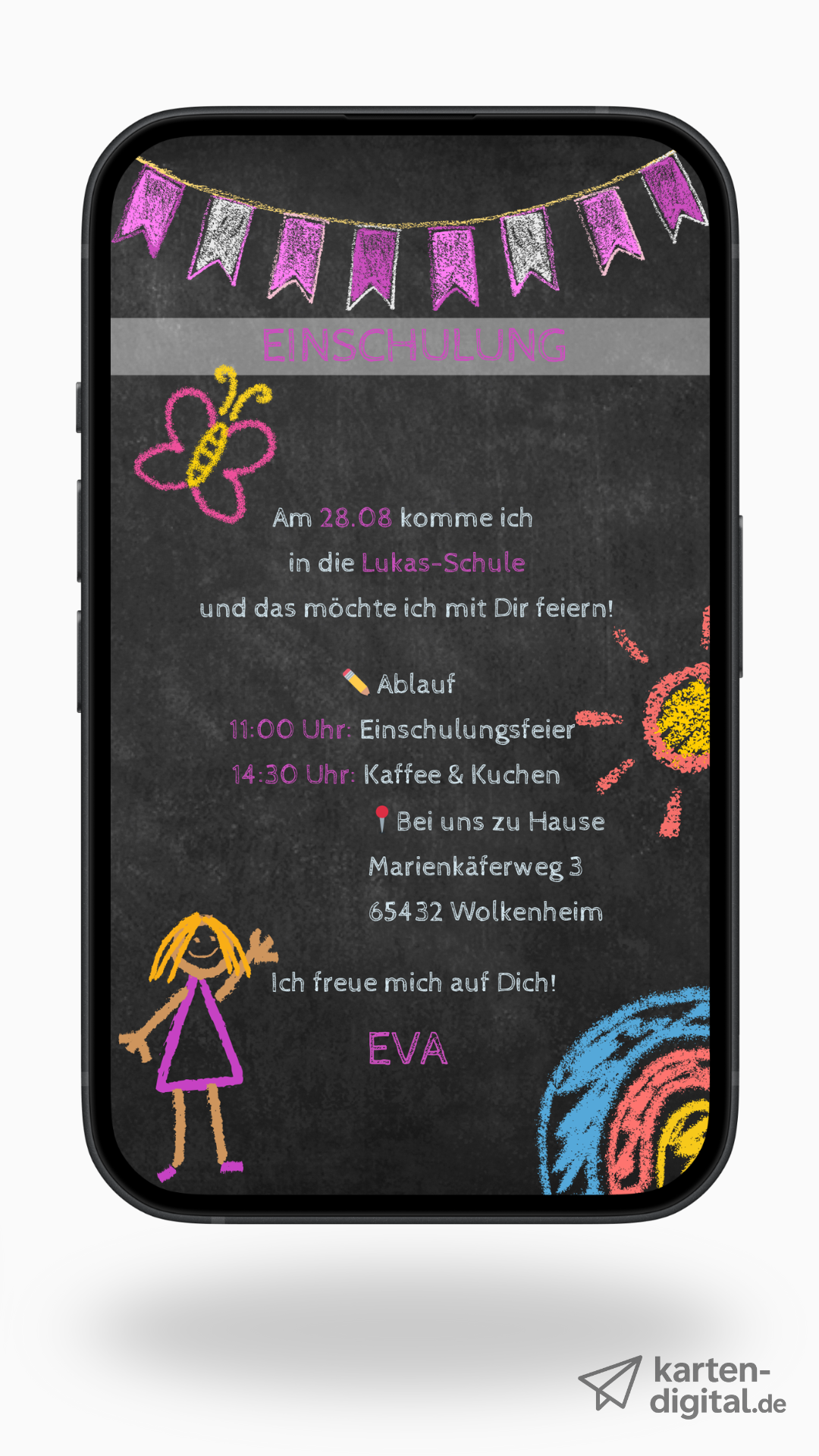Digitale Einladung zur Einschulung – Tafel-Stil mit Kreidezeichnungen & Auswahl aus 6 Designs