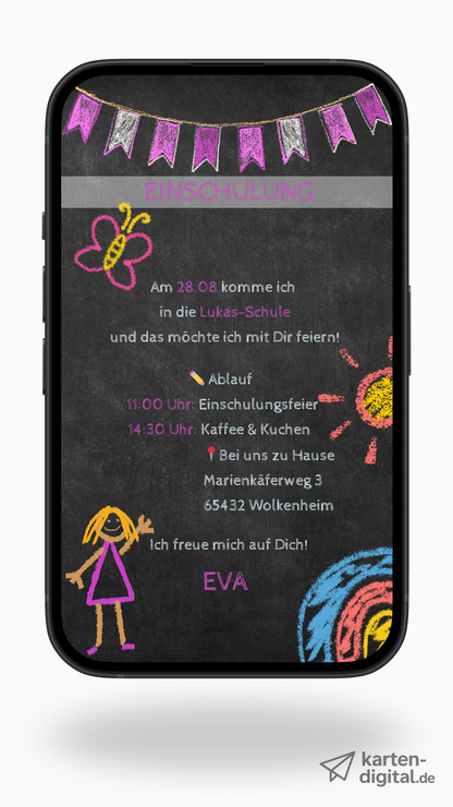 Digitale Einladung zur Einschulung – Tafel-Stil mit Kreidezeichnungen & Auswahl aus 6 Designs