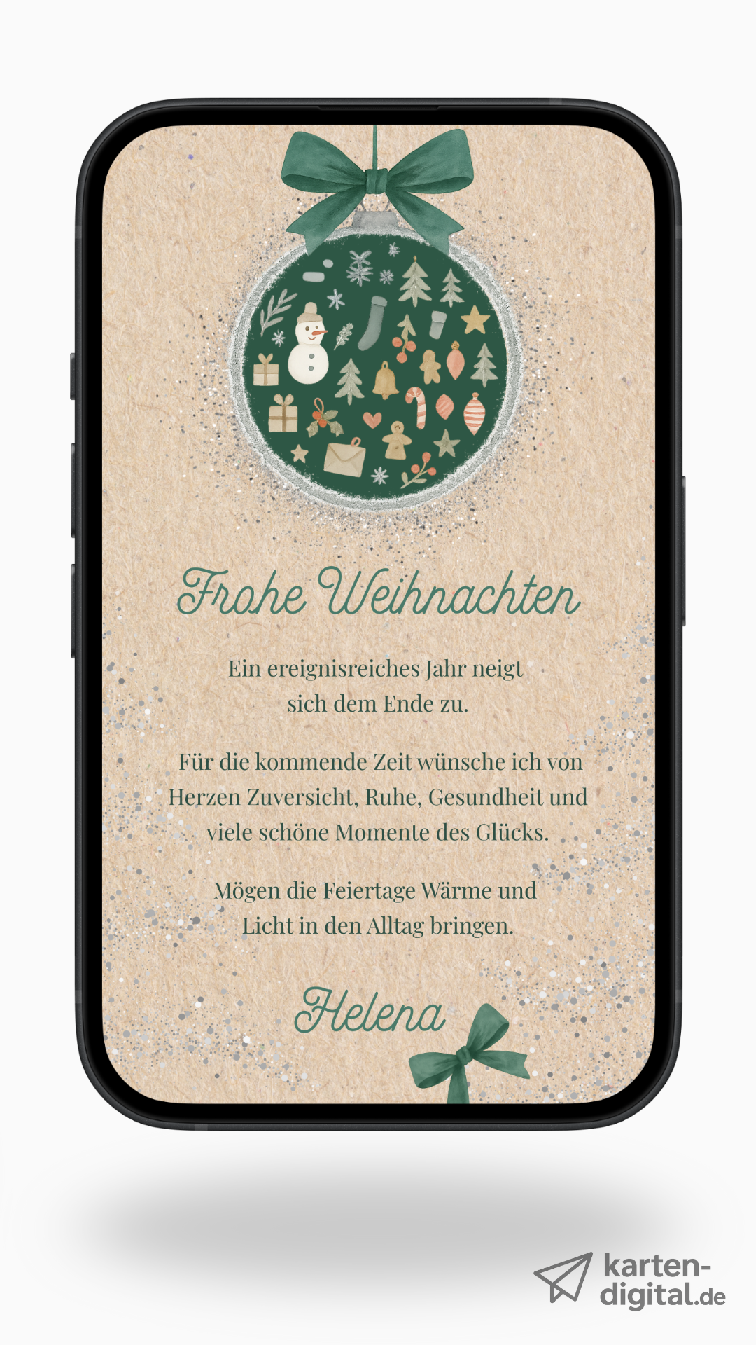 Digitale Weihnachtskarte – Grüne Schleife & Winterornament