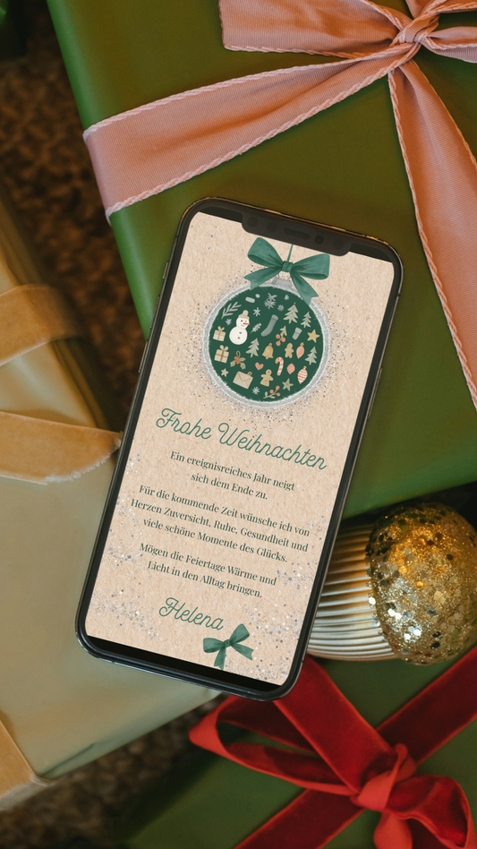 Digitale Weihnachtskarte – Grüne Schleife & Winterornament