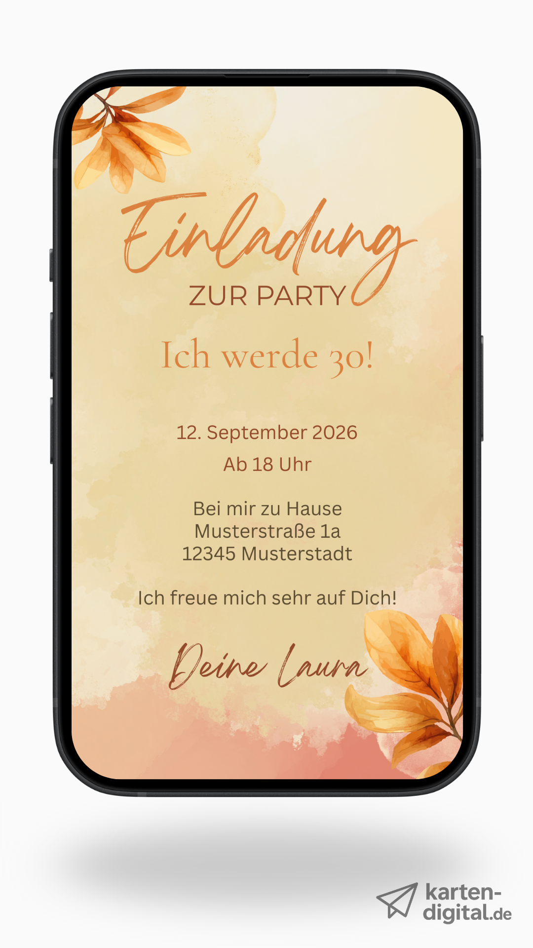 Digitale Geburtstagseinladung – elegant & herbstlich in warmen Tönen