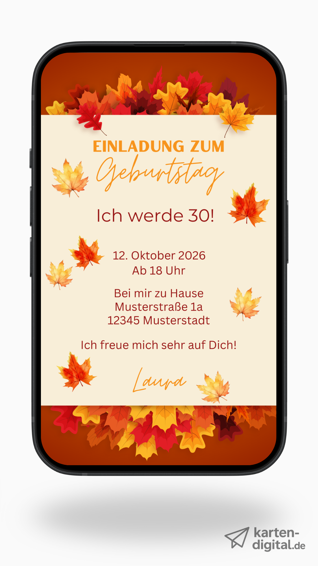 Digitale Geburtstagseinladung mit bunten Herbstblättern – warm, einladend & stilvoll