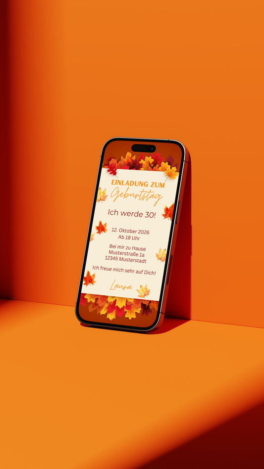 Digitale Geburtstagseinladung mit bunten Herbstblättern – warm, einladend & stilvoll