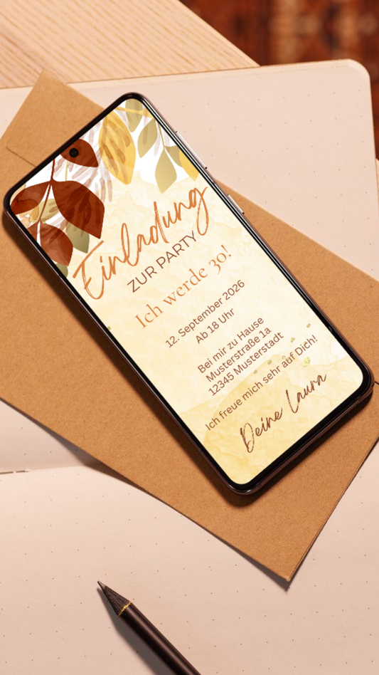 Digitale Geburtstagseinladung mit goldbraunen Herbstblättern – stilvoll & warm