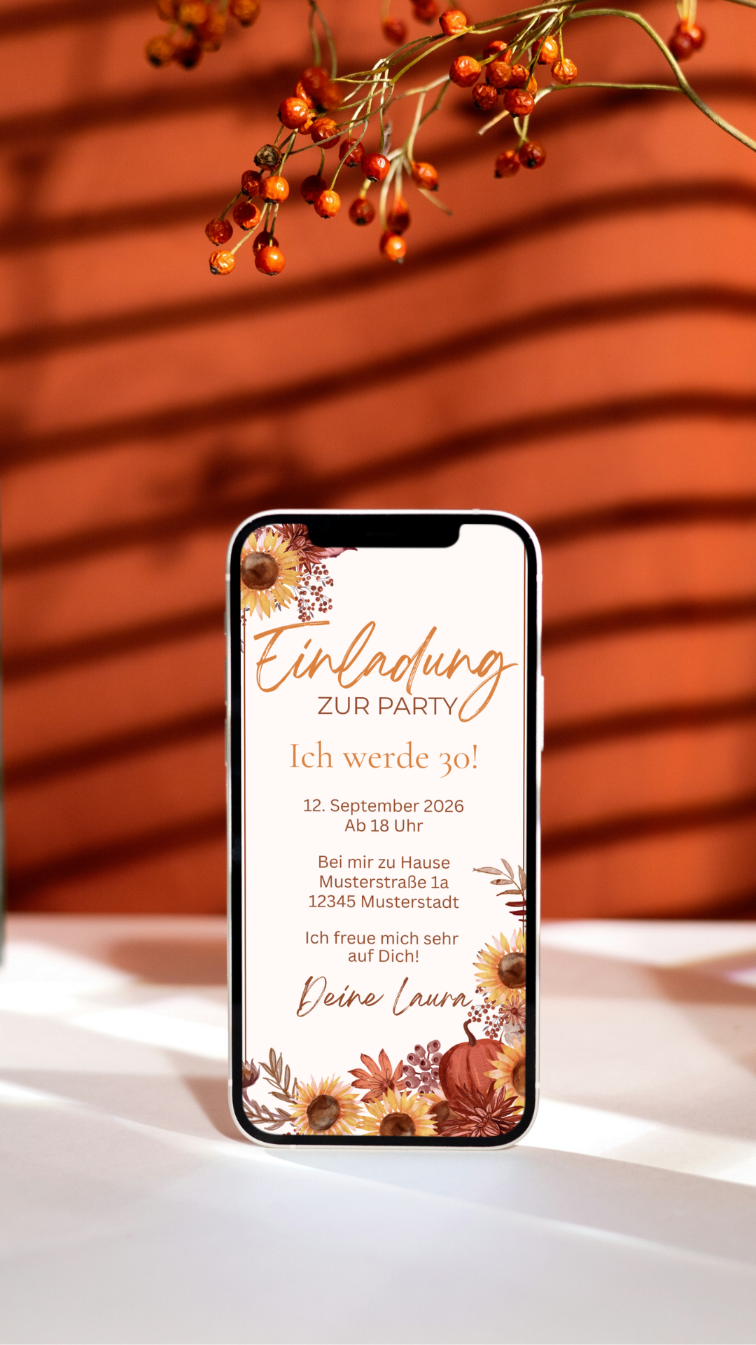Herbstliche Geburtstagseinladung mit Sonnenblumen und Kürbis – digital & liebevoll gestaltet