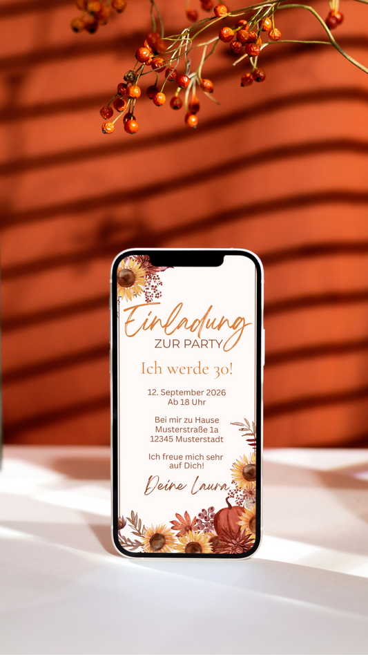 Herbstliche Geburtstagseinladung mit Sonnenblumen und Kürbis – digital & liebevoll gestaltet