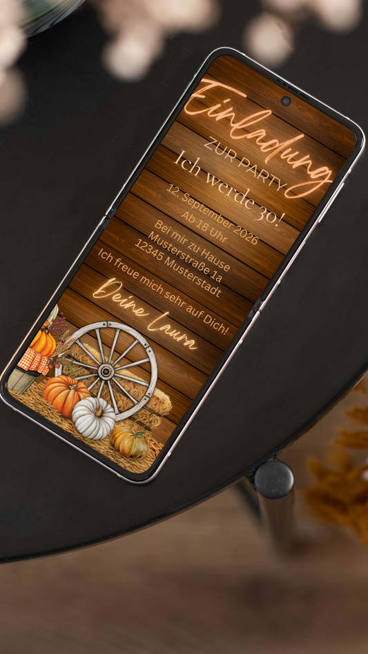 Digitale Geburtstagseinladung im rustikalen Scheunenstil – herbstlich & stimmungsvoll