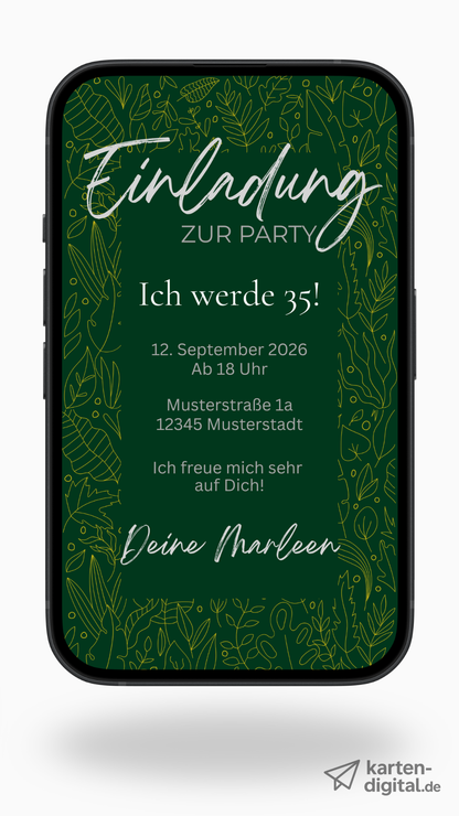 Digitale Geburtstagseinladung in Dunkelgrün mit Naturmotiv – stilvoll & elegant