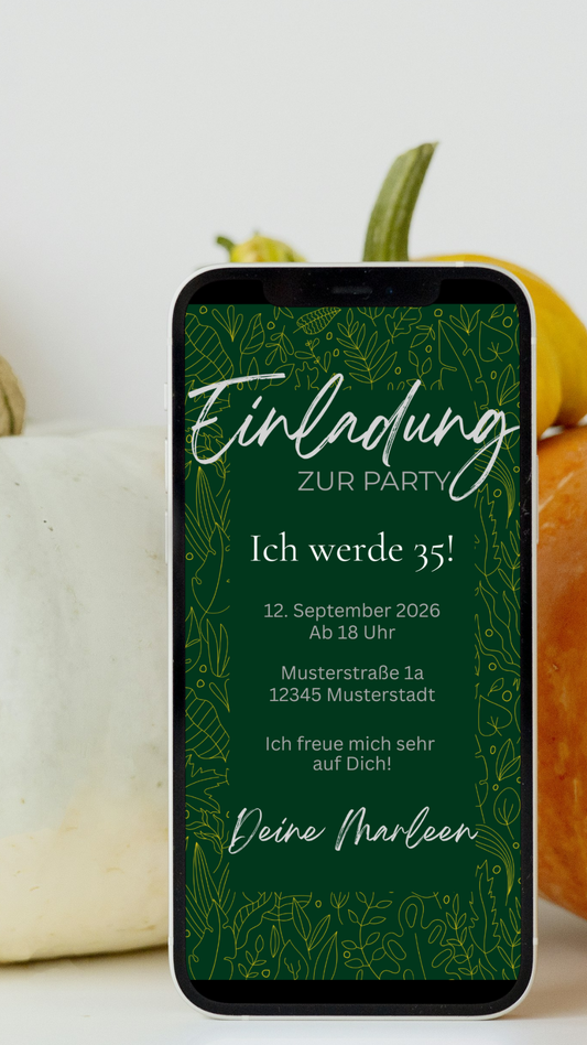 Digitale Geburtstagseinladung in Dunkelgrün mit Naturmotiv – stilvoll & elegant