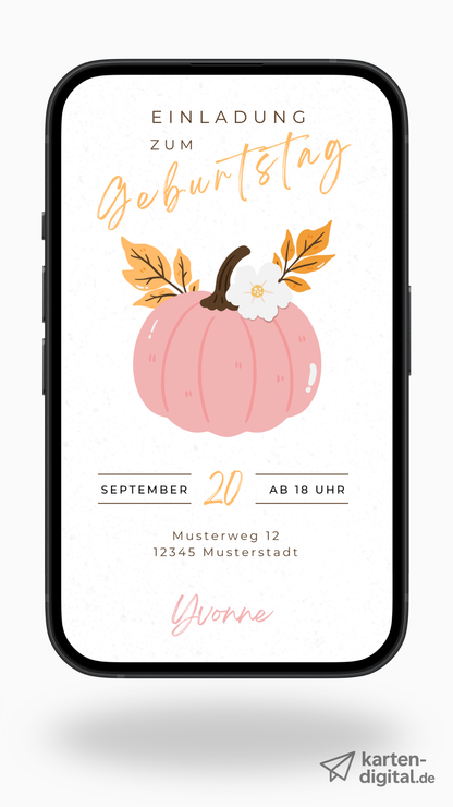 Digitale Geburtstagseinladung mit Kürbis – herbstlich, charmant & stilvoll