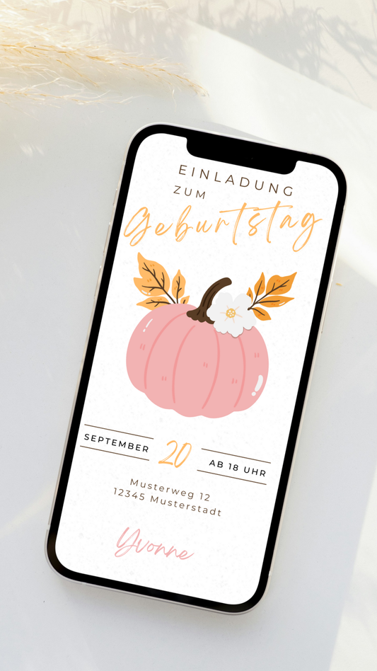 Digitale Geburtstagseinladung mit Kürbis – herbstlich, charmant & stilvoll