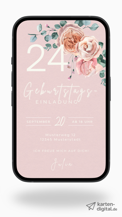 Digitale Geburtstagseinladung mit Blumen – elegant, sanft & stilvoll