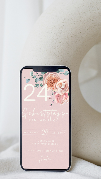 Digitale Geburtstagseinladung mit Blumen – elegant, sanft & stilvoll