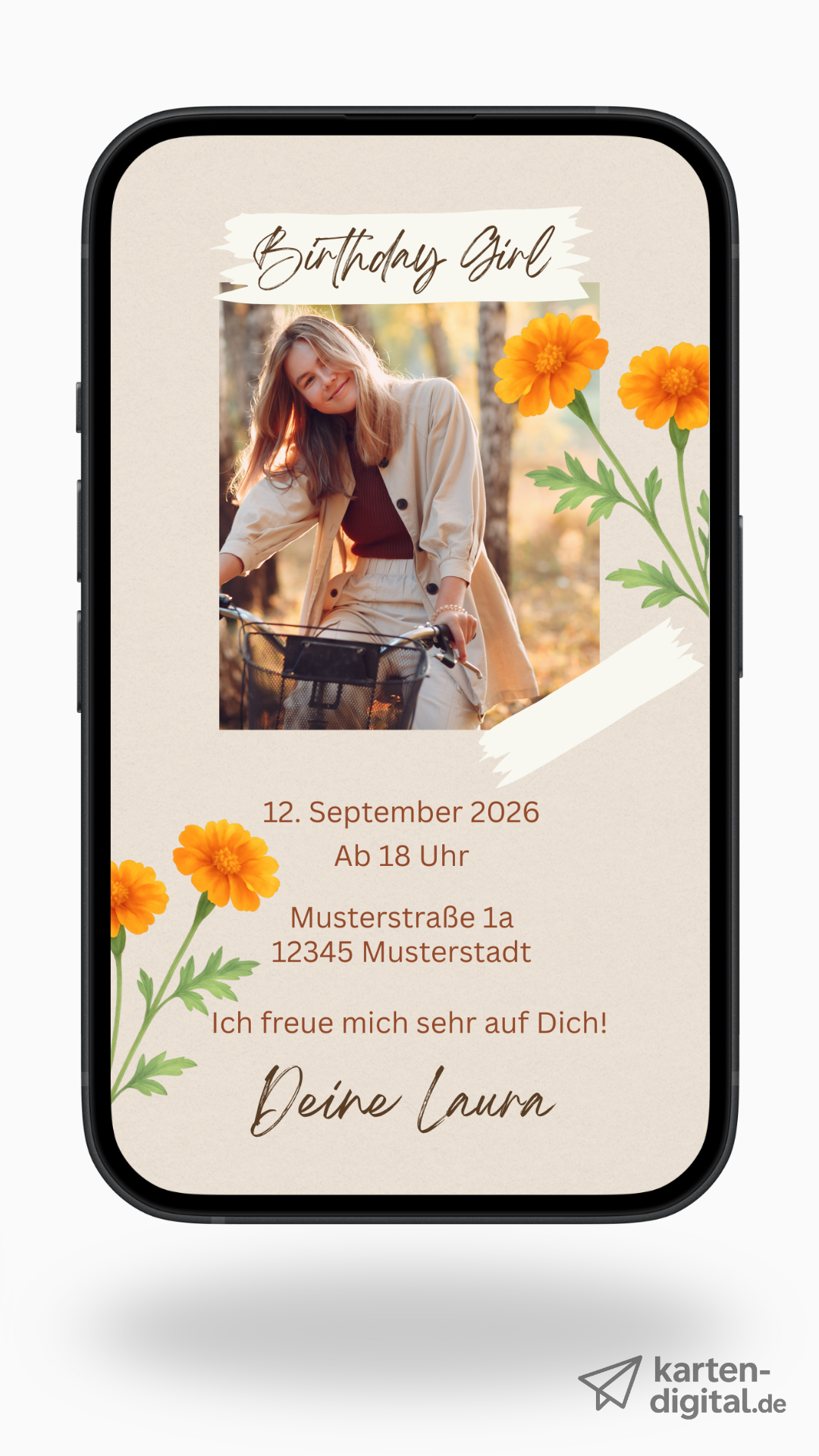 Digitale Geburtstagseinladung im Boho-Stil – mit Foto & Blumenmotiv